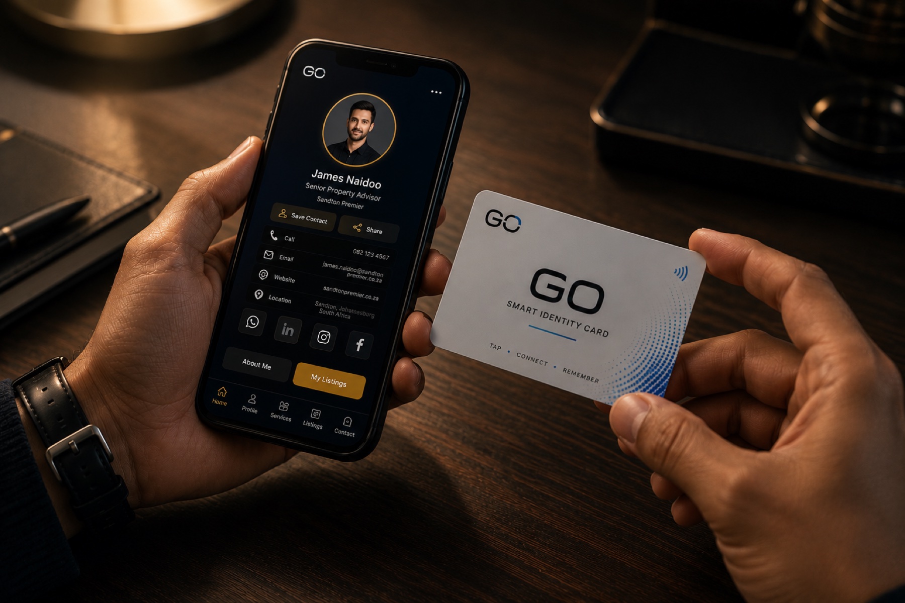 A hand holding a GO smart NFC card next to a phone showing a live profile